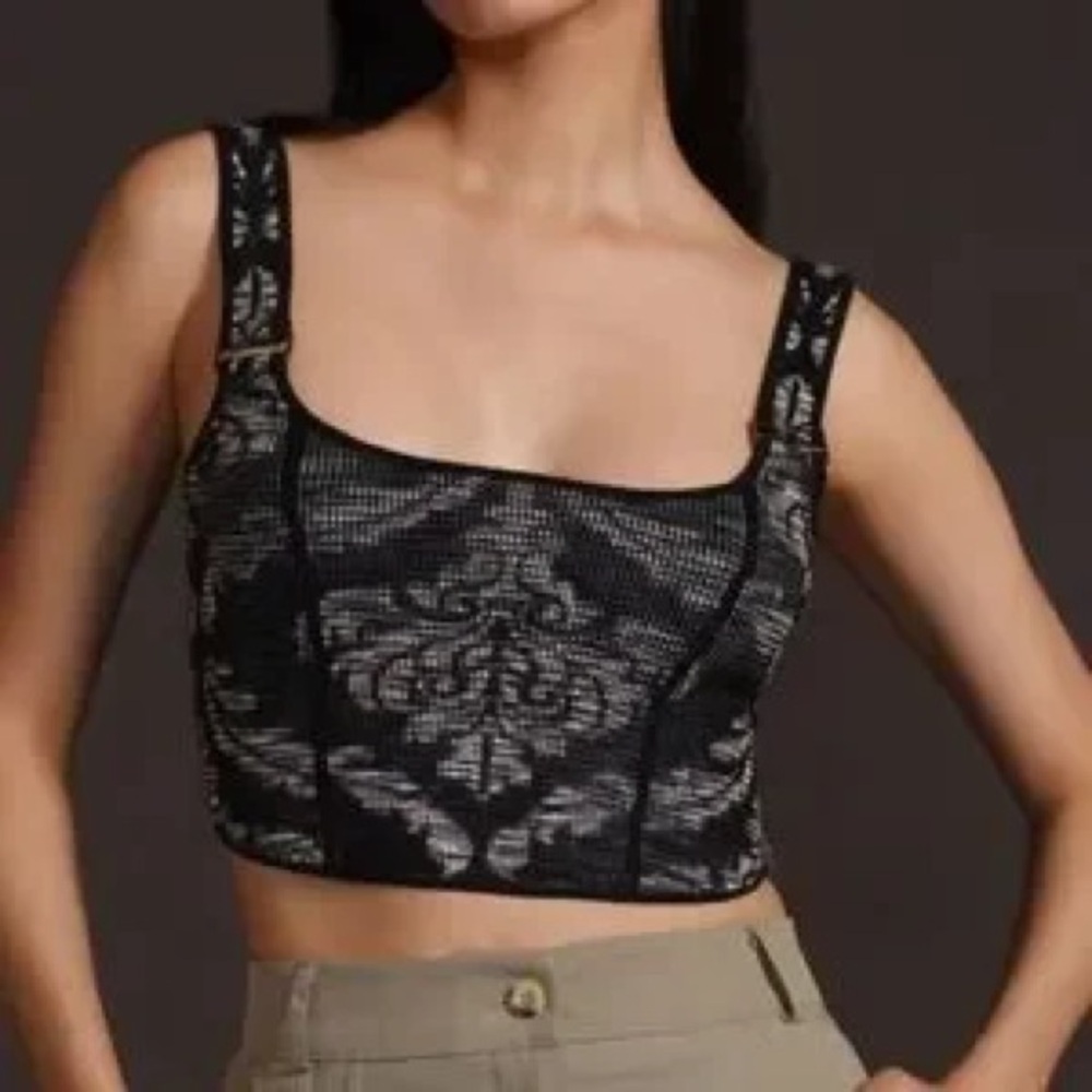 Anthropologie Valeria Knit Corset Crop Top Black Damask Bustier Dark Academia - Picture 2 of 13